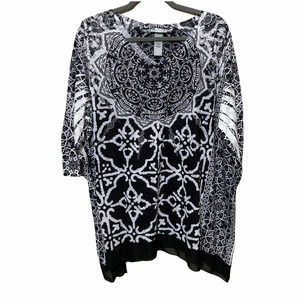 Catherines Womens 3/4 Sleeve Geometric Print V Neck Blouse 1X 18-20 Black White